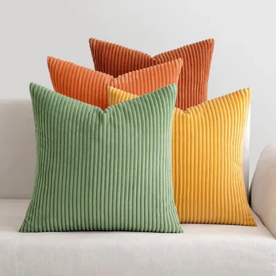 Produktbild von Kissenbezug aus Cord, weicher Kissenbezug, dekorativer Sofakissenbezug, quadratischer Dekokissenbezug, gestreifte Kissenbezüge für Wohn- und Schlafzimmer, 4-teilig, 50 x 50 cm, orange-grüne Serie