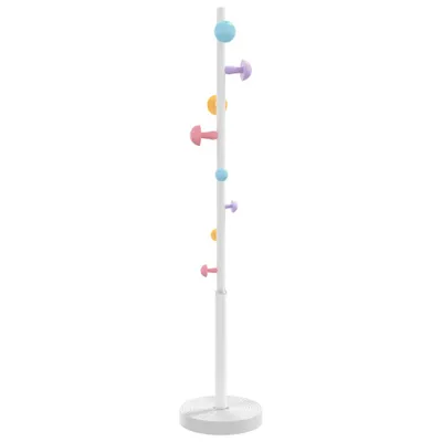 A white coat rack with colorful mushroom-shaped hooks against a white background.