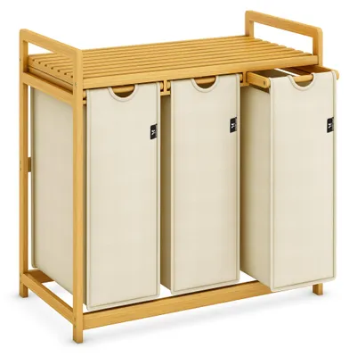 A three-compartment laundry basket with a bamboo frame and beige fabric bags, shown against a white background.