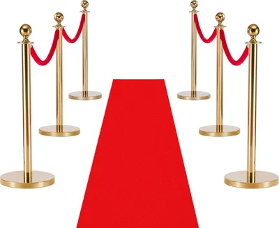 Immagine prodotto di SucceBuy set di paletti barriera, 6 pezzi, con tappeto rosso (8 m) e 4 corde di velluto rosso (1,5 m), sistema di guida delle persone con base riempibile per eventi, mostre, hotel e cinema (colori oro)