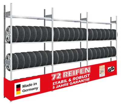 Produktbild von Reifenregal TIRE PRO Germany | Komplettregal | HxBxT 250x450x43cm | 150kg Fachlast | bis zu 72 Reifen auf 4 Ebenen | Verzinkt