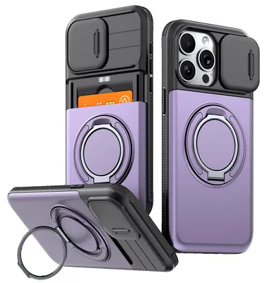 Image de Coque de téléphone avec compartiment pour cartes pour iPhone 14 Pro, cache-caméra coulissant, anneau et support, coque de protection antichoc violette