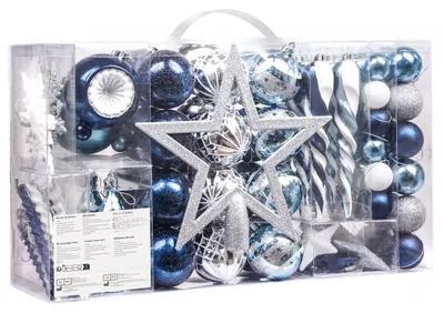 100 Weihnachtskugeln 3-15 cm, Winterthema Weiß-Blau, hängend