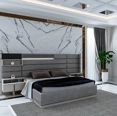 Obrázek produktu pro Elegantní šedá ložnice s osvětlením a designovými nočními stolky