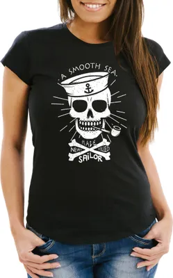 Produktbild von Damen T-Shirt A smooth sea never made skilled Sailor Skull Totenkopf Neverless® schwarz S