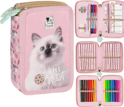 Produktbild von Dreiteiliges Federmäppchen mit Zubehör, für Mädchen, Cleo&frank 45 Katze, Derform