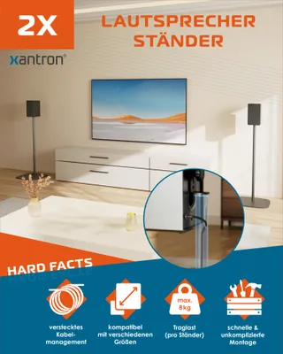 Produktbild von Xantron Premium Lautsprecherständer, 2 Stück, universell, 80 cm hoch, Stahl pulverbeschichtet, Modell PREMIUM-USF-2 mit verdeckter Kabelführung für Satelliten- & Regallautsprecher, entwickelt in Deutschland, inkl. Adapter & Schrauben