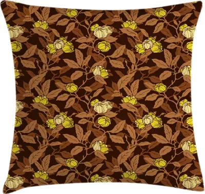 Obrázok produktu pre ABAKUHAUS Kvetinový vankúš, žlté kvety, listy a siluety na pozadí, 40 x 40 cm, hnedá a viacfarebná