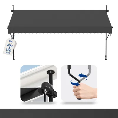 Obrázek produktu pro QEENTOE Klemmmarkýza, balkonová markýza, 300x120 cm, manuální, bez nutnosti vrtání, s nastavitelnou výškou, ochrana proti slunci – tmavě šedá