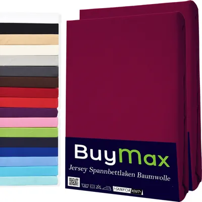 Produktbild von Buymax Spannbettlaken 200x200cm Doppelpack 100% Baumwolle Spannbetttuch Bettlaken Jersey, Matratzenhöhe bis 25 cm, Farbe Bordeaux