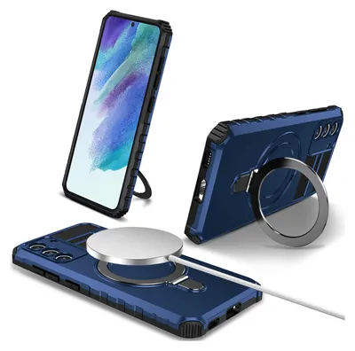 Obrázek produktu pro Pouzdro pro Samsung Galaxy S21 FE 5G magnetické s MagSafe, držák prstenu, stojánek, dvouvrstvé ochranné pouzdro modré