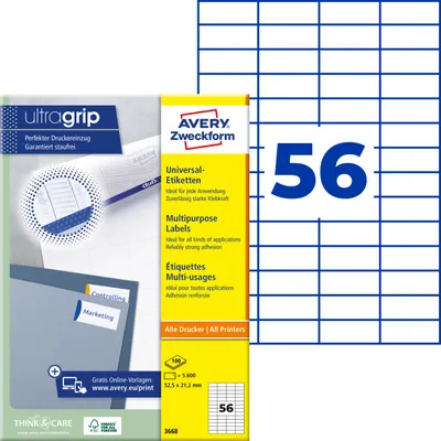 Produktbild von Avery Zweckform 3668, Universal-Etiketten, A4, Qualitätsdruck mit: ultragrip, 52,5 x 21,2 mm, 5.600 Etiketten / 100 Bögen, weiß