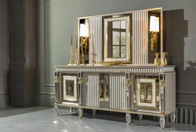 Produktbild von Esszimmer Set Weiß Anrichte Spiegel Elegantes Design Metall Luxus Neu 2tlg.