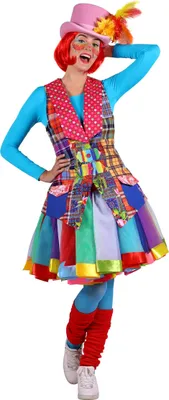 A person dressed in a colorful clown costume.