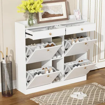 Image de Meuble à chaussures - Rangement à chaussures - Armoire à chaussures - Meuble d'entrée - Armoire d'entrée - Blanc - 110x26x100 cm