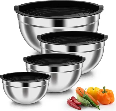 Produktbild von Edelstahl-Mischschüssel-Set von 4 mit luftdichtem Deckel - Kochen, Backen, spülmaschinenfest - 4,5 l, 3 l, 1,5 l, 1,2 l schwarz
