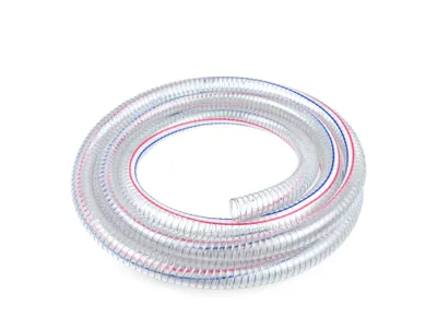 A coiled clear hose with red and blue stripes on a white background.