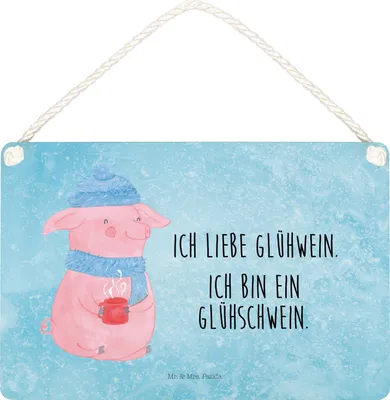 Produktbild von Mr. & Mrs. Panda Schild Schwein Glühwein DIN A4 - Eisblau - Geschenk, Türschild, Wandbild Holz, holzbild, Weihnachten, Glühschwein, sprüche, wandtafel, Punsch