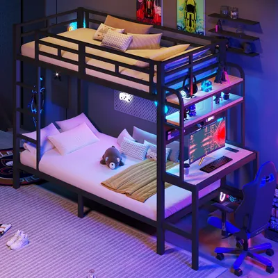 Produktbild von Flieks Etagenbett 90x200cm mit Schreibtisch und Ablagen, Hochbett Einzelbett mit Led und Usb, Kinderbett Metallbett mit Lattenrost, Schwarz