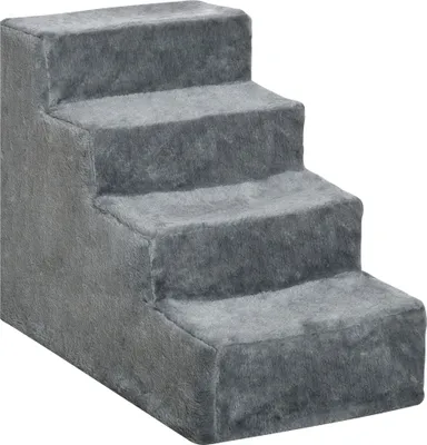 Produktbild von PawHut Hundetreppe 4-stufig, 35 cm Katzentreppe für Bett und Sofa, Haustiertreppe für Hunde und Katzen bis 5 kg, Plüschoptik, Hellgrau