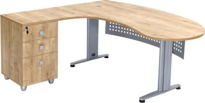 A corner desk with a filing cabinet on a white background.
