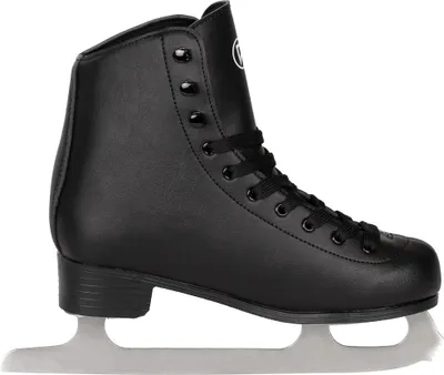 A black ice skate is shown against a white background.