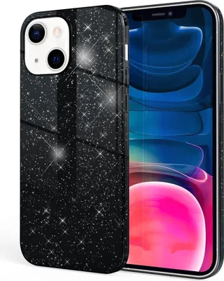A black glitter phone case for an iPhone 13 Mini is shown on a white background.