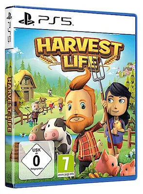 The image shows the front cover of the Harvest Life PS5 video game. The cover art features cartoon characters, farm animals, and a farm setting.