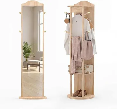 Immagine prodotto di Specchio a figura intera con attaccapanni, porta abiti girevole a 360°, con specchio integrato, 4 ganci e 2 ripiani, specchio da terra salvaspazio per la camera da letto (48 x 168 cm, colore naturale)