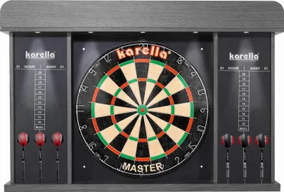 A dartboard cabinet with a dartboard and scorecards displayed.
