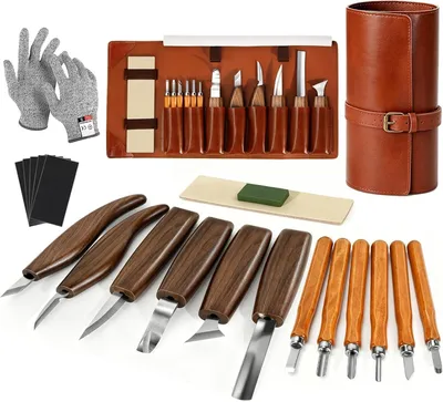 Productafbeelding van Houtsnijwerk kit met Polyurethanopbergtas - Houtsnijset met 6 stuks snijmessen en 5 detail snijmessen voor volwassenen houtsnijwerk doe-het-zelf