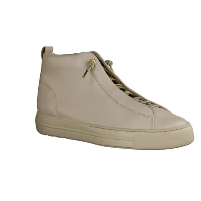 A single beige high-top sneaker is shown against a white background.