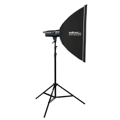 Produktbild von Walimex pro Emerger 200 Set Single Studioblitz mit 200 Ws Blitzleistung, Blitzgerät mit 2,4 GHz Funk, mit Softbox 60 x 90 cm und Lampenstativ, inkl. Transporttasche