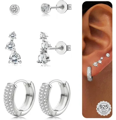 Produktbild von 3 Paar Ohrringe Silber/Gold Damen Mädchen 925 Sterling Silber Creolen Ohrstecker Set