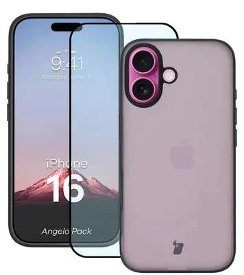 Produktbild von Schutzhülle + gehärtetem Glas für iPhone 16, Bizon Angelo Pack, Getönte mit schwarzem Rahmen