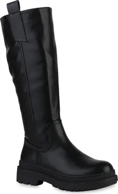 A black knee-high boot with a thick sole is shown against a white background.