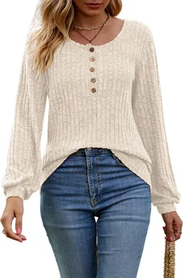 Produktbild von ASKSA Damen Langarmshirt Rundhals Knoepfen Rippstrick Strickpullover Oberteile Tunika Tops Pullover, Aprikose, S