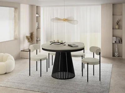 Produktbild von Esstisch Rund Ausziehbar mit Lamellen im Loft-Stil – 100 bis 180 cm – Industrieller Tisch mit Schwarzen Metallbeinen, Platzsparend für Wohnzimmer oder Esszimmer – Beige Kaschmir