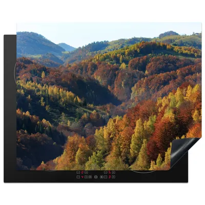 Produktbild von KitchenYeah© Herdabdeckplatte Berge - Bäume - Herbst , 65x52cm, Küche Deko, Glaskeramikkochfeld Herdabdeckung, Abdeckplatte fùr Kochfeld