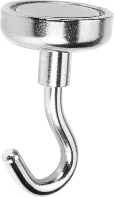 A close-up studio shot of a single magnetic hook.