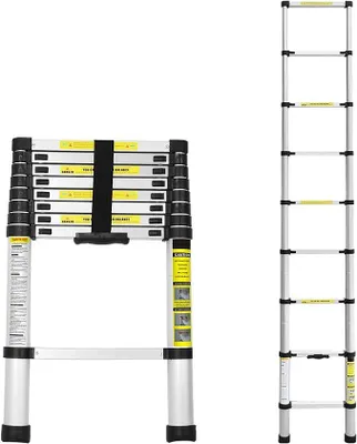 Imagen del producto de Escalera telescópica de 2,6 metros, escalera de aluminio extensible con base antideslizante, escalera multiusos para áticos, escalera de caballete, portátil, ligera, con capacidad de carga de 150 kg