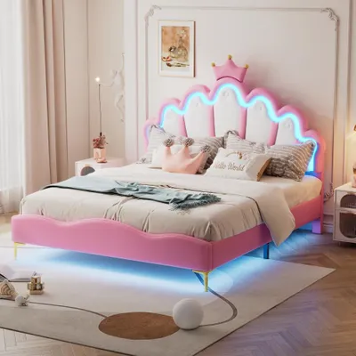 Produktbild von Krönchen Kinderbett mit LED-Licht, PolyurethanBezug, Prinzessinnen-Design, Flaches Doppelbett, ohne Matratze, Rosa , 140 x 200 cm