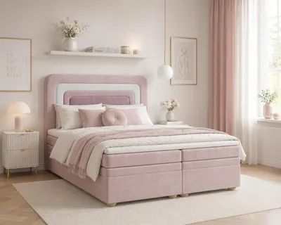 Produktbild von MOEBLO Boxspringbett, Polsterbett Kontinentalbett, dekorativem Kopfteil Doppelbett mit Bonell-Frendung, Topper und Bettkasten (gepolstertes Kopfteil, Boxspring) - Nest 140x200 - Blush