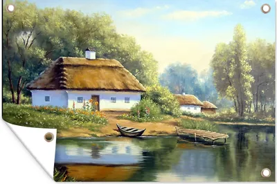 Produktbild von MuchoWow® 120x80 cm Outdoor-Poster Gartendeko Sichtschutz Garten Poster für den Garten  Malerei - Haus - Natur - Wasser - Ölfarbe