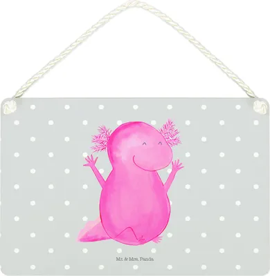 Produktbild von Mr. & Mrs. Panda Schild Axolotl Hurra DIN A4 - Grau Pastell - Geschenk, Fröhlich, Spaß, Holzschild, Wandbild Holz, Türschild, hängeschild, Deko