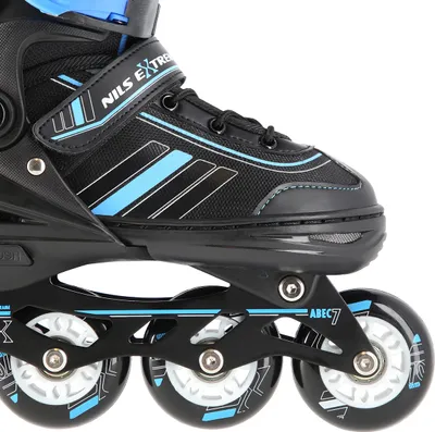 Close-up view of a black and blue inline skate.