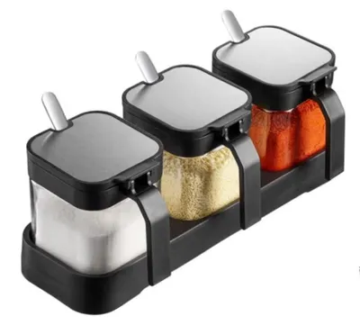 Produktbild von Gewürzgläser Set 3 Stück mit Deckel und Löffel 250ml Klarglas Schwarz