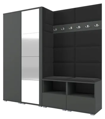 Produktbild von Garderobe NELA VI 200 cm Modulare Flurmöbel Graphit mit Spiegel & Sitzpolster Schwarz 16 (Universell)