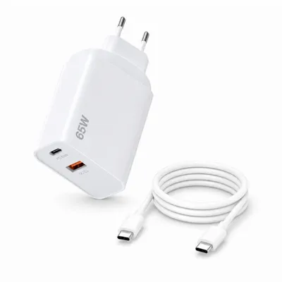 Produktbild von 65W USB-C GaN Ladegerät mit 1m USB-C Ladekabel (20W) - Dual-Port Schnellladeadapter (65W USB-C & USB-A 3.0 QC) für Smartphone, Tablet & mehr