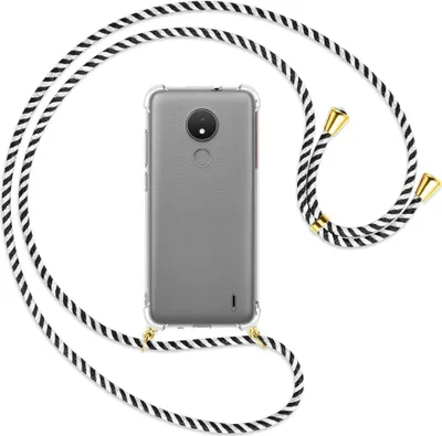 Produktbild von Handykette Backcover-Schutzhülle mit Band (Metall goldfarben) für Nokia C21, Nokia C20 - schwarz/weiß gestreift